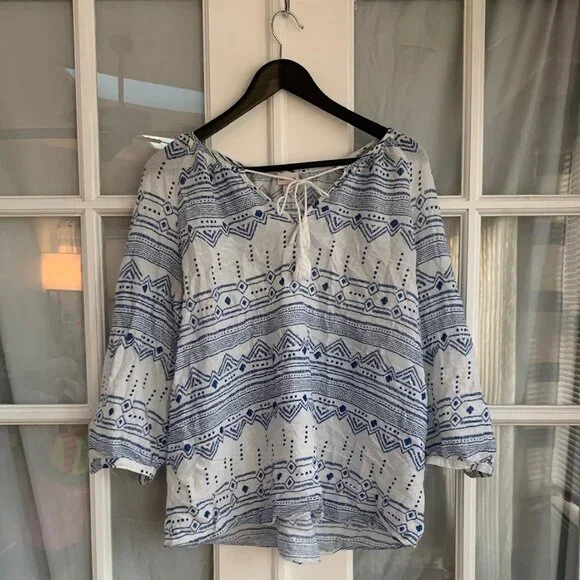 Merona Henna Design 3/4 Button Sleeve V-Neck Cotton Peasant Blouse - Picture 2 of 7